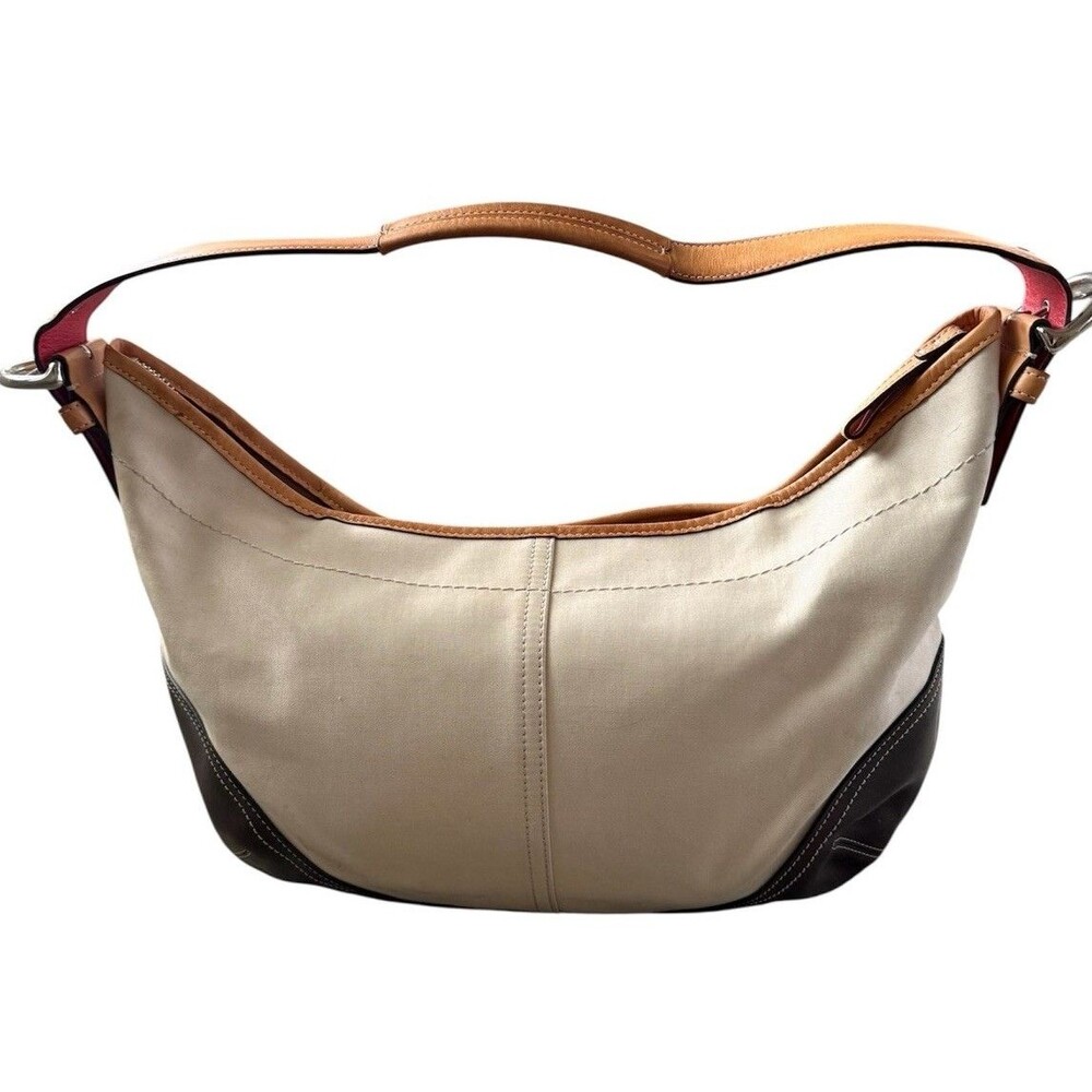 Coach SoHo Hobo Twill Leather Cream Brown Zip Top Bag Adjustable Strap